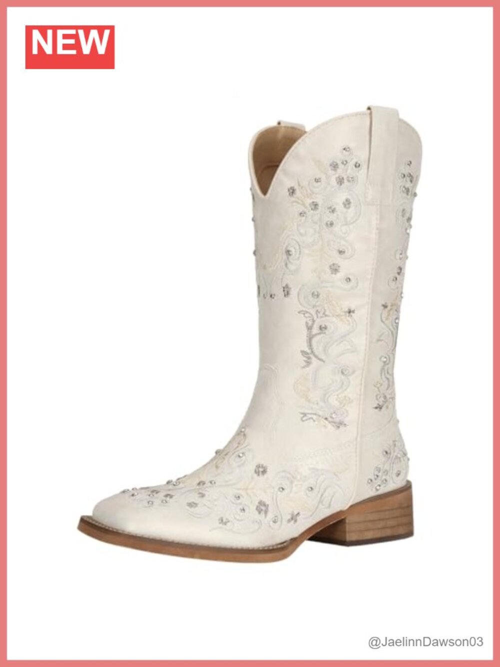 Western Cowgirl Boots Faux Leather Rhinestone Square Toe Mid-Calf